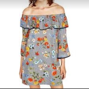 Zara Basic Off Shoulder, Gingham Floral Mini Dress. Size S.